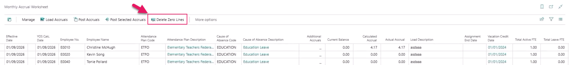 Monthly Accrual Worksheet page Delete Zero Lines action