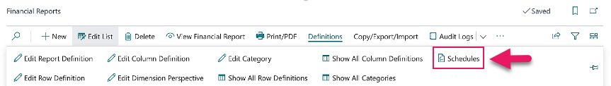 Financial Reports page Schedules action