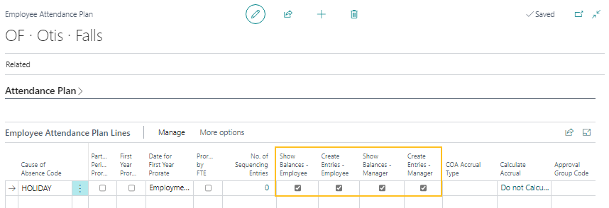 Employee Attendance Plan page Show Balances and Create Entries fields