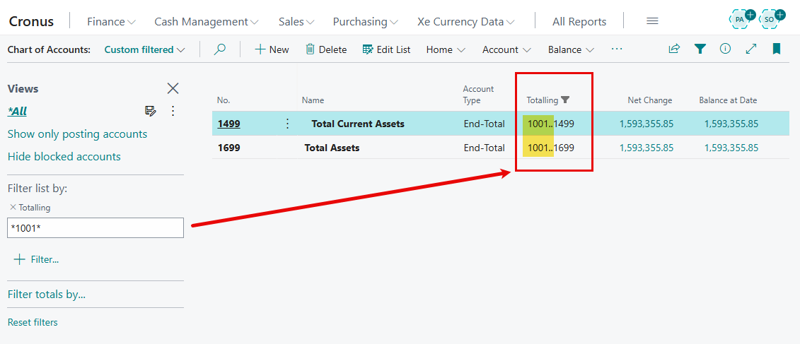 Screenshot of the duplicate totalling accounts structure