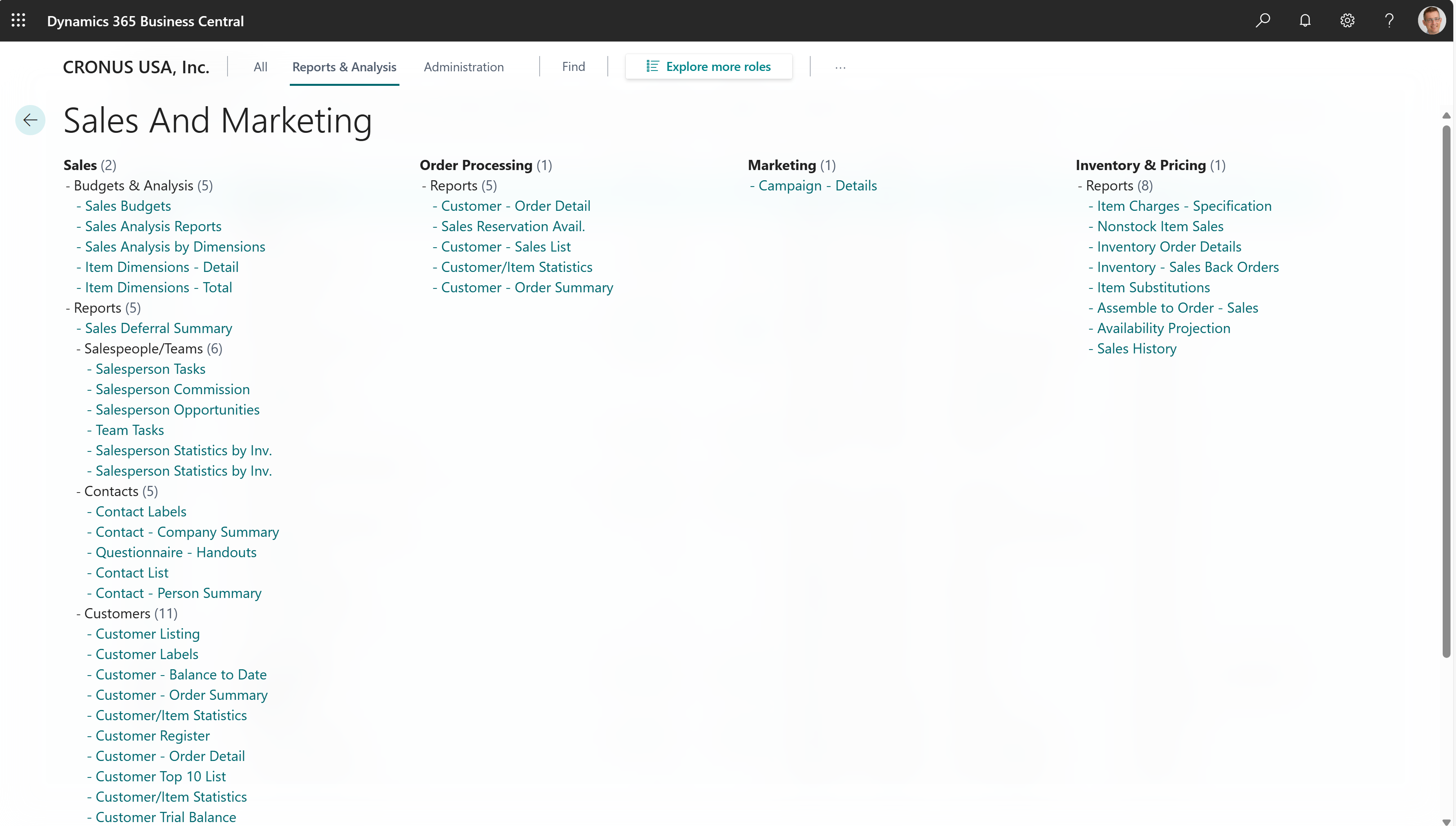 Example of reports on the finance role center.