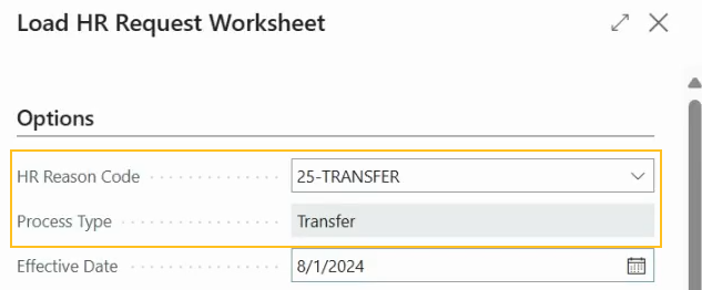Load HR Request Worksheet page Process Type of Transfer