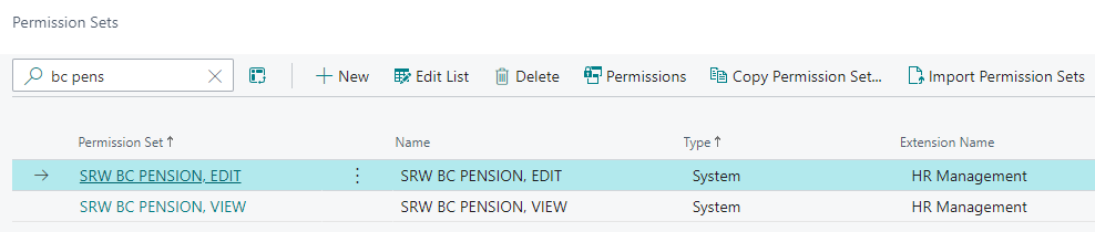Permission Sets page British Columbia pension permissions