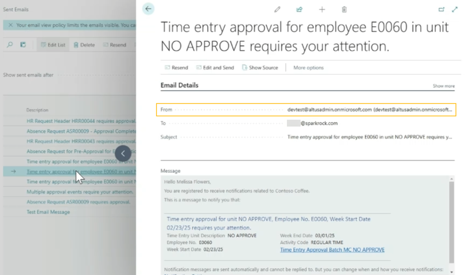Example time entry submission email
