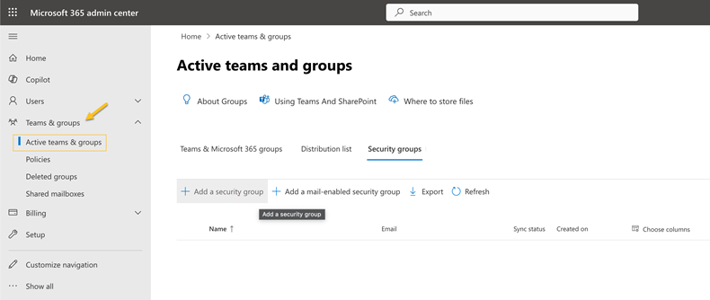 Microsoft Entra admin center Active teams and groups page