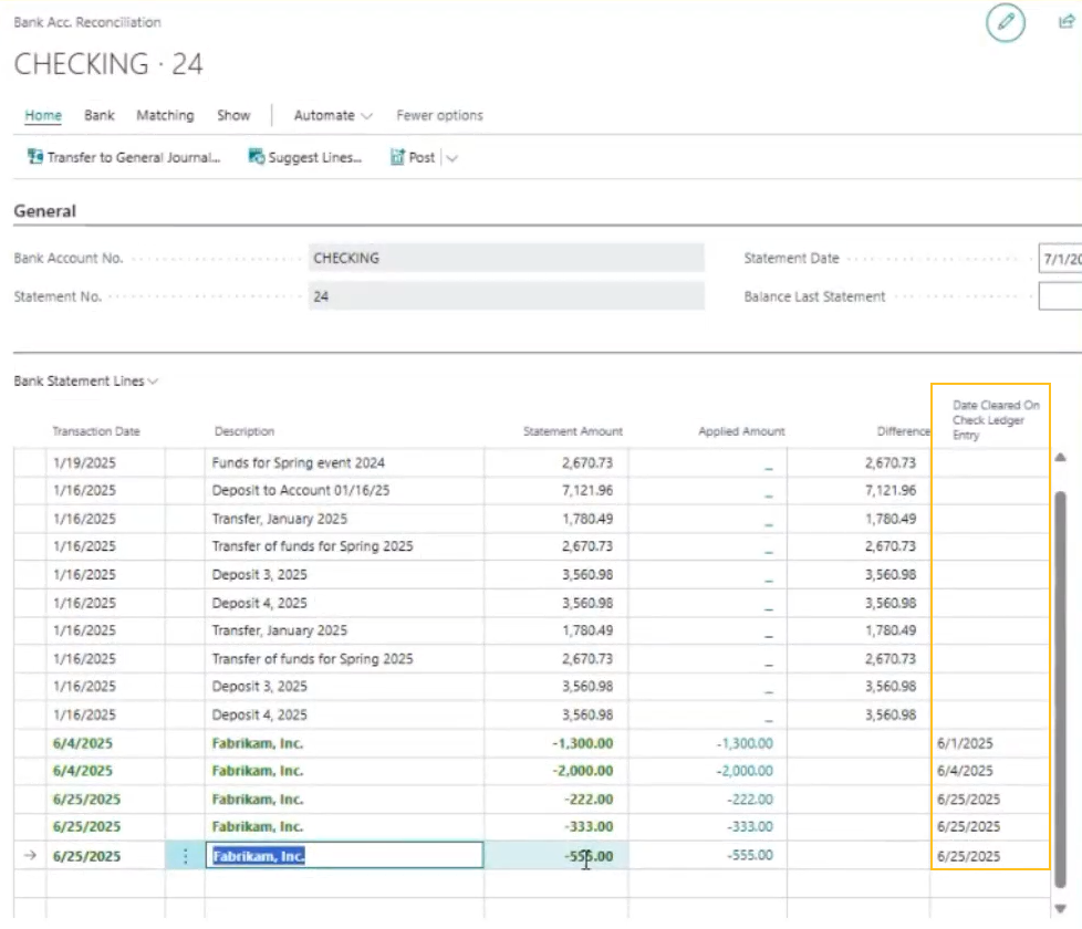 Bank Acc. Reconciliation page Date Cleared On Check Ledger Entry field