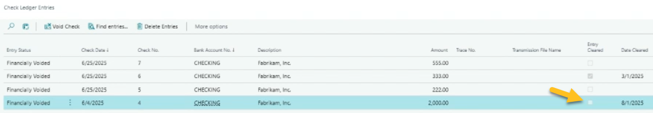 Check Ledger Entries page Entry Cleared checkbox
