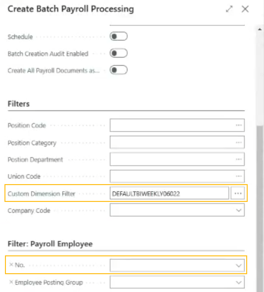 Create Batch Payroll Processing page Custom Dimension Filter and No. fields