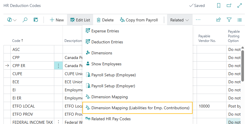 HR Deduction Codes page Dimension Mapping (Liabilities for Emp. Contributions) action