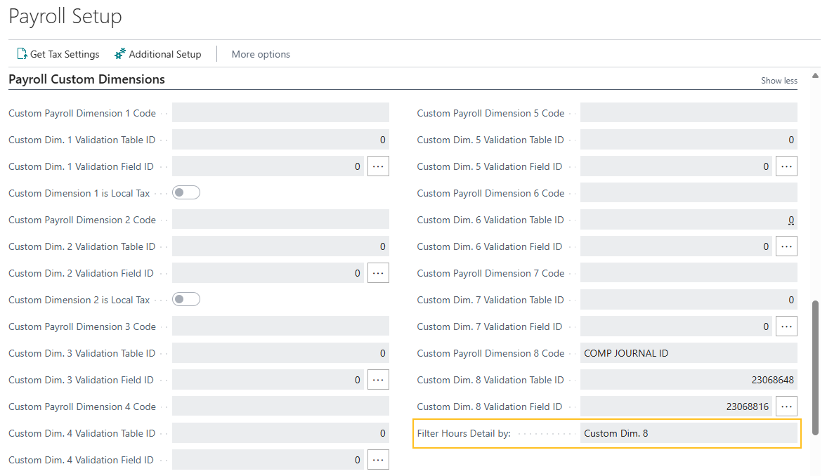Payroll Setup page Filter Hours Detail by field