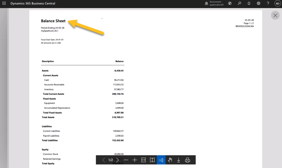 Balance Sheet report title example