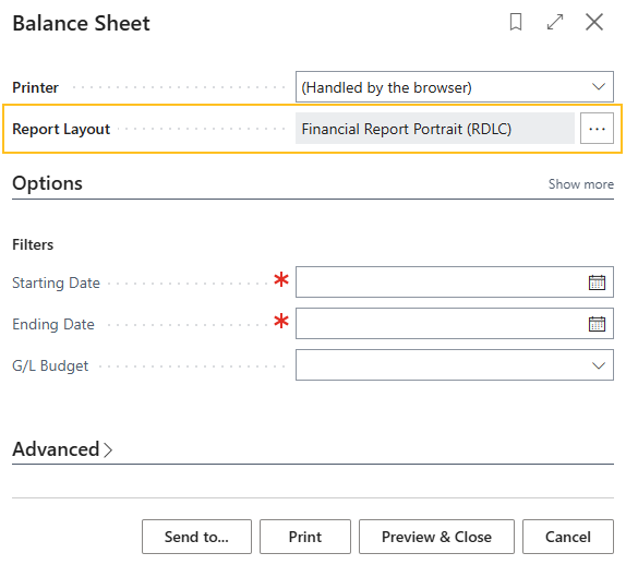 Balance Sheet report submission page Report Layout field