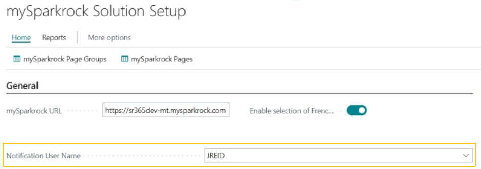 mySparkrock Solution Setup page Notification User Name field