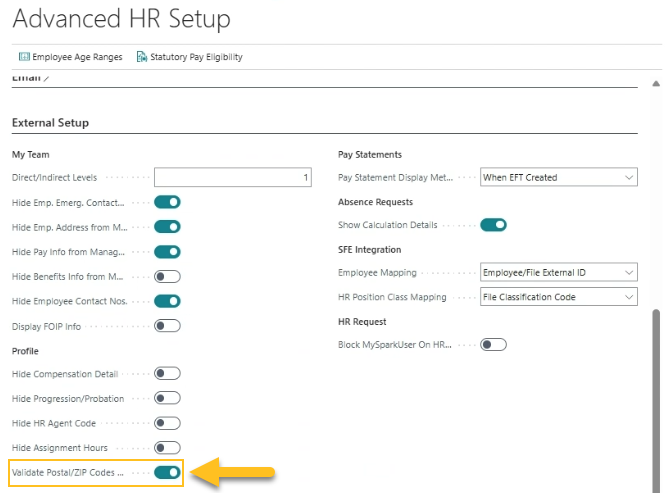 Advanced HR Setup page Validate Postal ZIP Codes on Profile Changes field