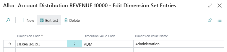 Alloc. Account Distribution Edit Dimension Set Entries page