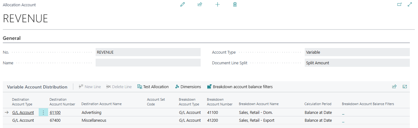 Allocation Account page Variable example