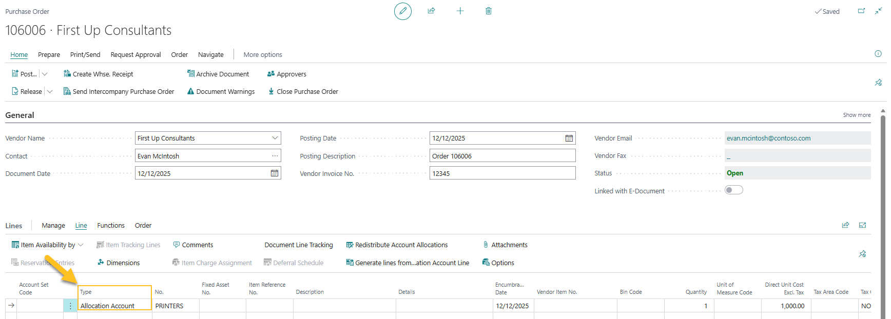 Allocation Account purchase order example
