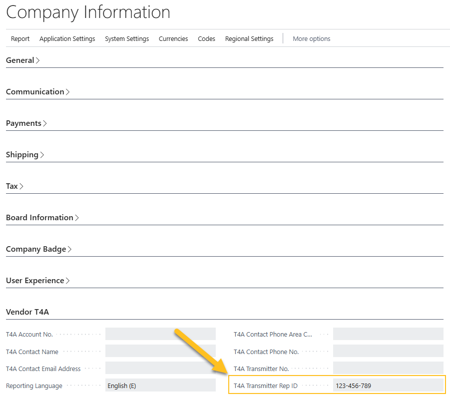 Company Information page Transmitter Rep ID field