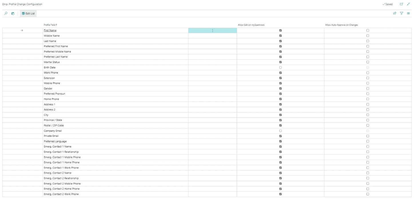 Emp. Profile Change Configuration page