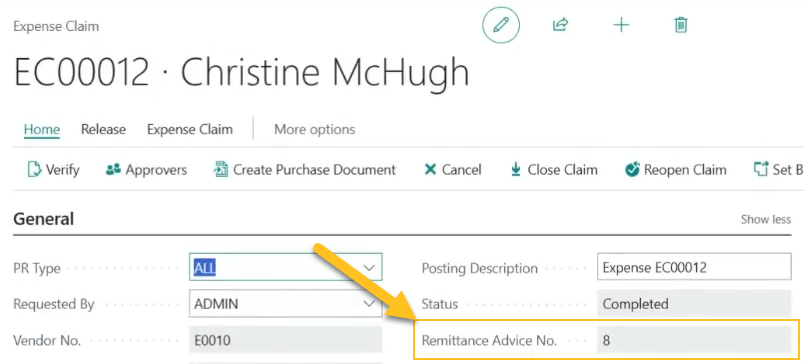 Expense Claim page - Remittance Advice No. field