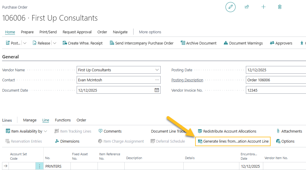 Purchase Order page Generate lines from Allocation Account Line action