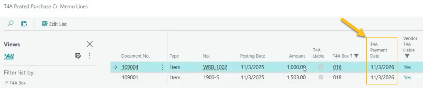 T4A Posted Purchase Cr. Memo Lines page T4A Payment Date field