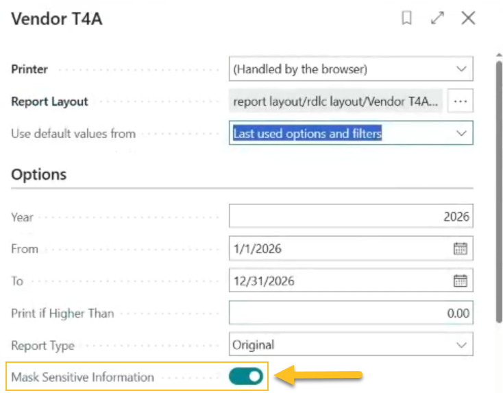 Vendor T4A page Mask Sensitive Information field
