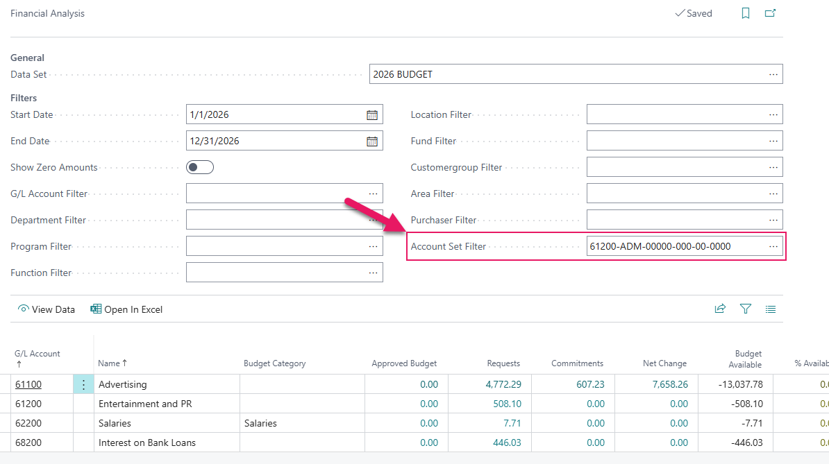 Financial Analysis page Account Set Filter field