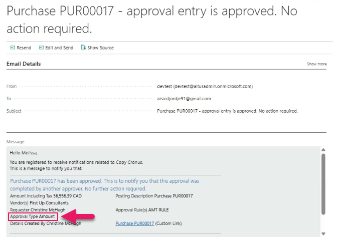 Email Approval Type Amount example
