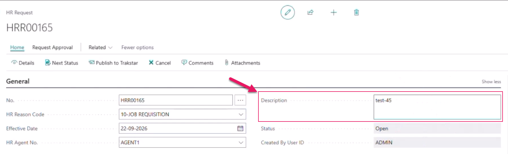 HR Request page Description field