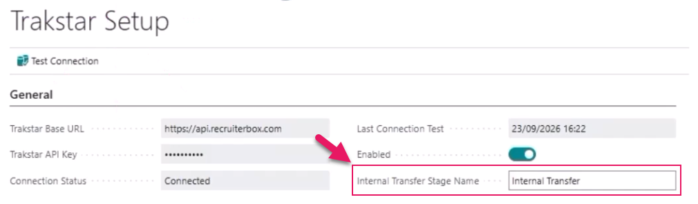 Trakstar Setup page Internal Transfer Stage Name field