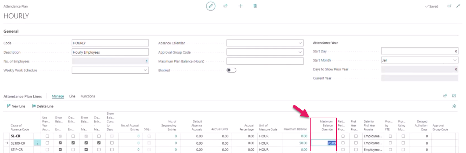 Attendance Plan page Maximum Balance Override column