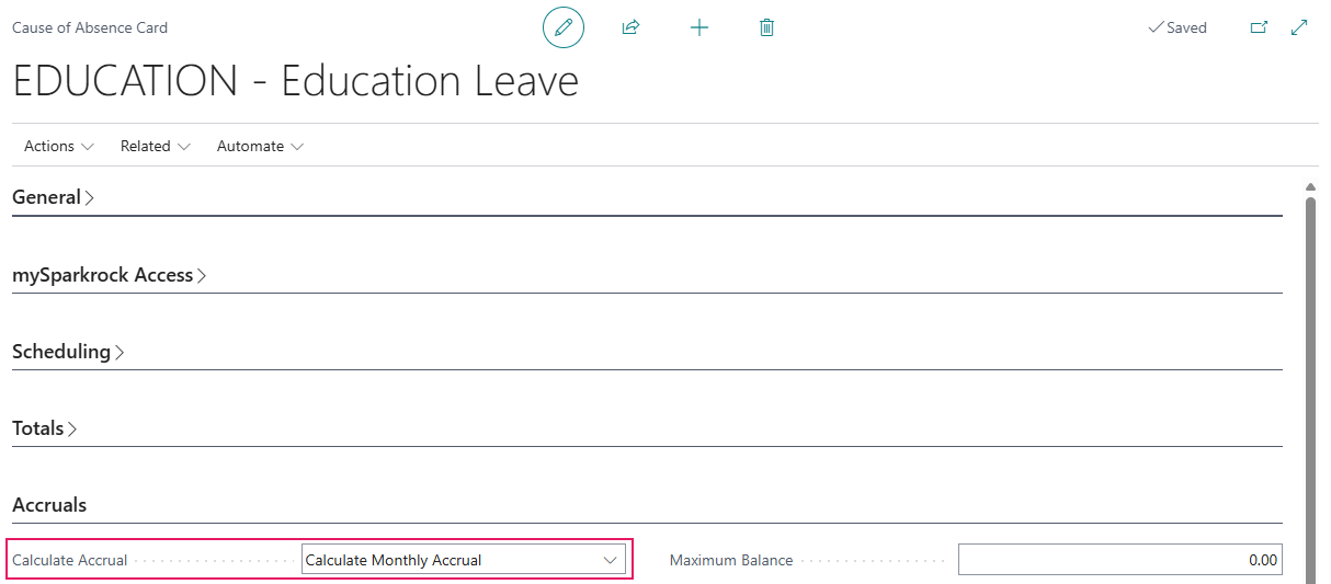 Cause of Absence Card page Calculate Accrual field