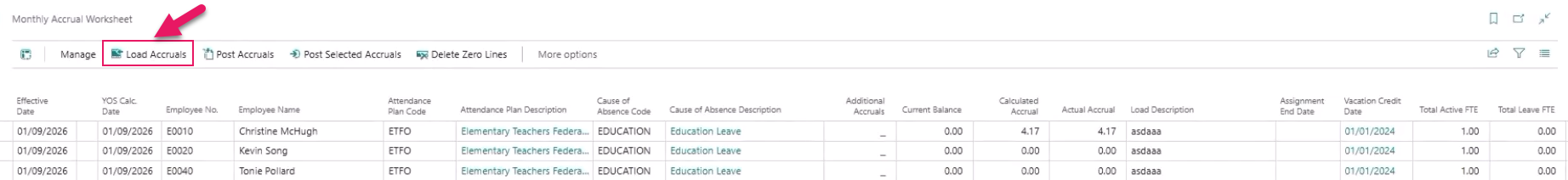 Monthly Accrual Worksheet page Load Accruals action