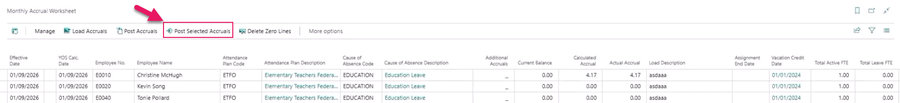 Monthly Accrual Worksheet page Post Selected Accruals action