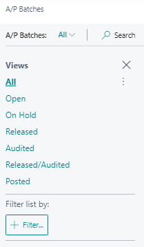 A/P Batches page Filter pane