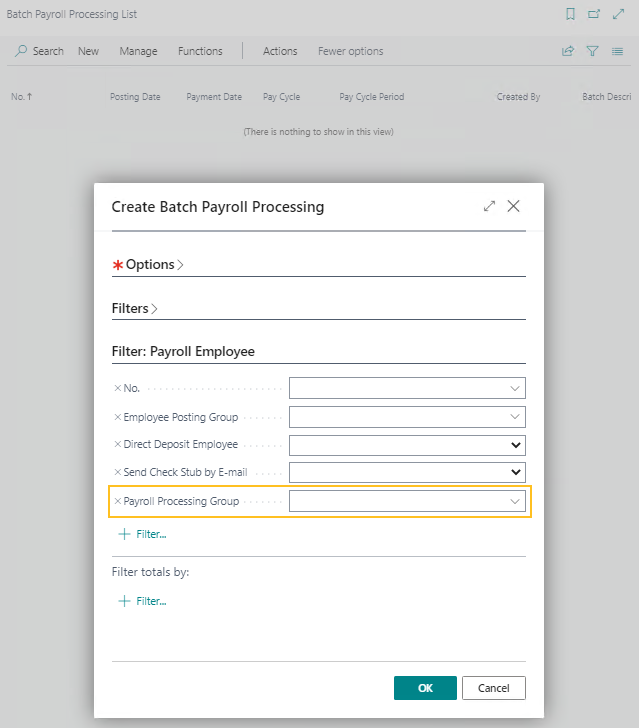 Create Batch Payroll Processing page Payroll Processing Group field