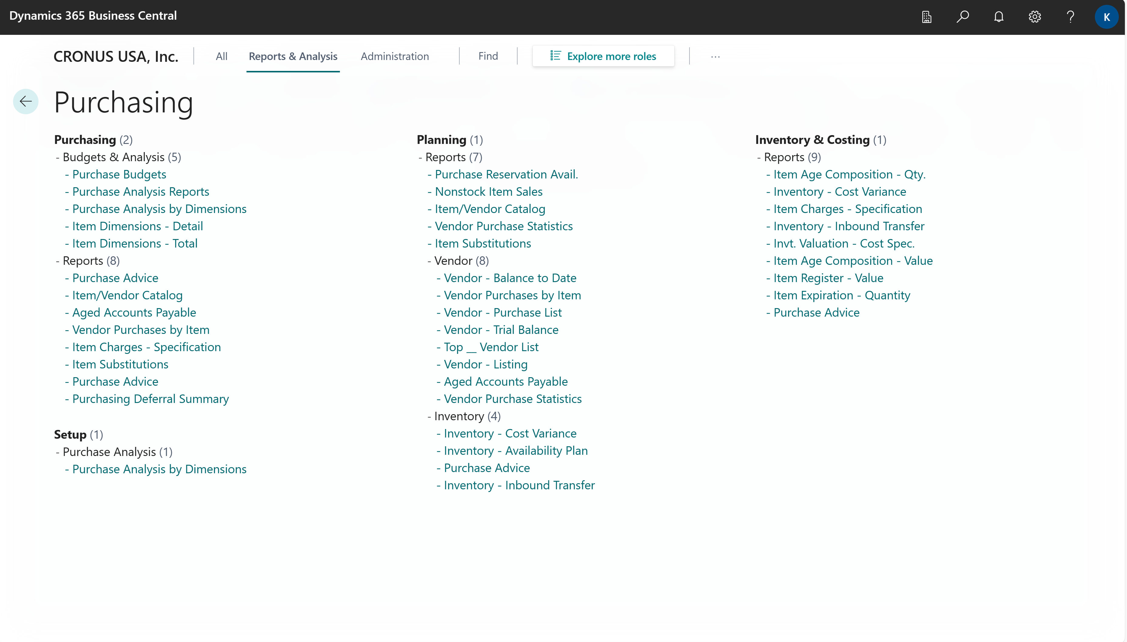 Example of reports on a role center.
