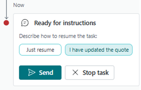 Shows the resume step action on a Sales Order Agent task.