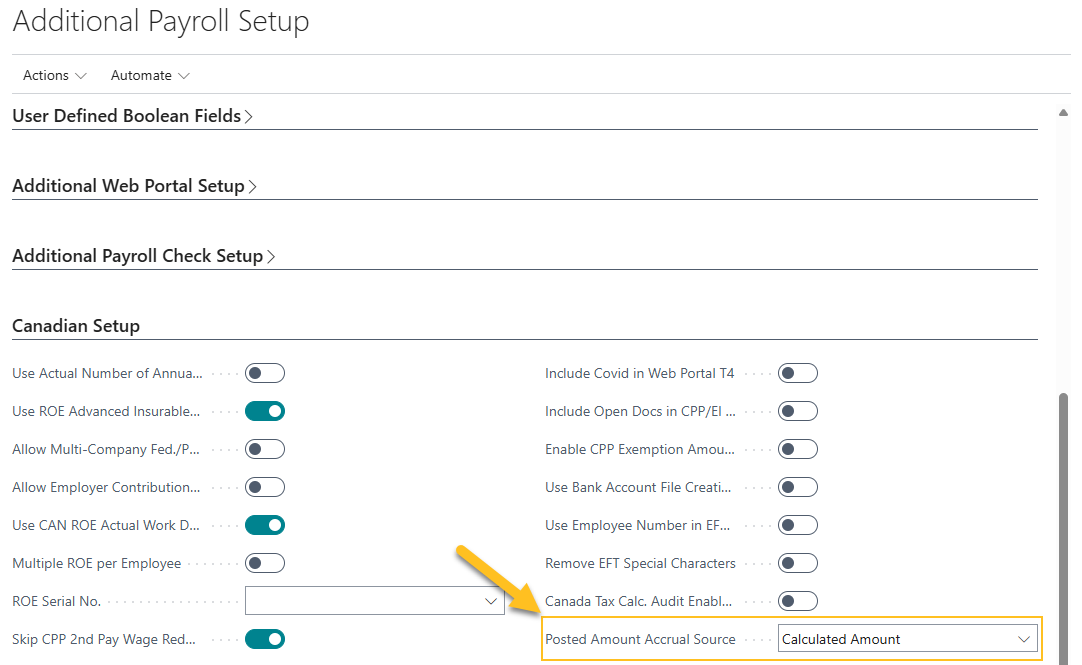 Additional Payroll Setup page Posted Amount Accrual Source field