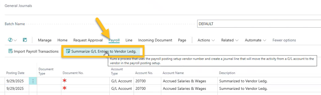 General Journals page Summarize G/L Entries to Vendor Ledg. action