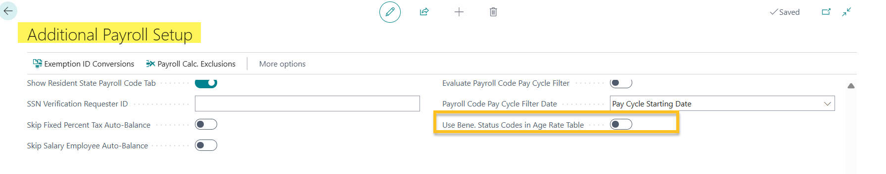 Additional Payroll Setup page Use Benefit Status Codes in Age Rate Table