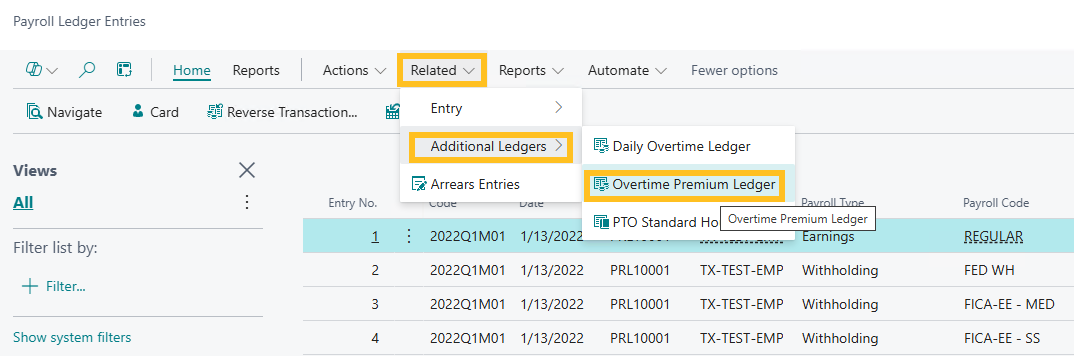 Payroll Ledger Entries page Overtime Premium Ledger action