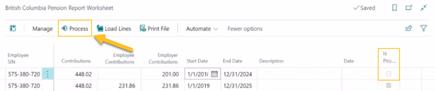 British Columbia Pension Report Worksheet page Process action