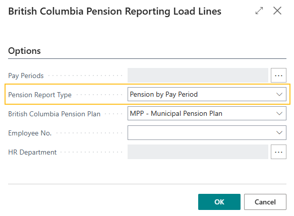 British Columbia Pension Reporting Load Lines page Pension Report Type fields
