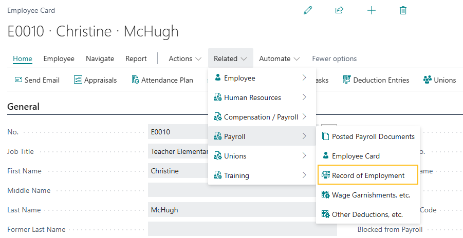 Employee Card page Record of Employment action