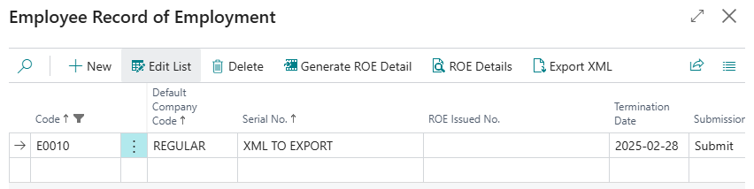 Employee Record of Employment page
