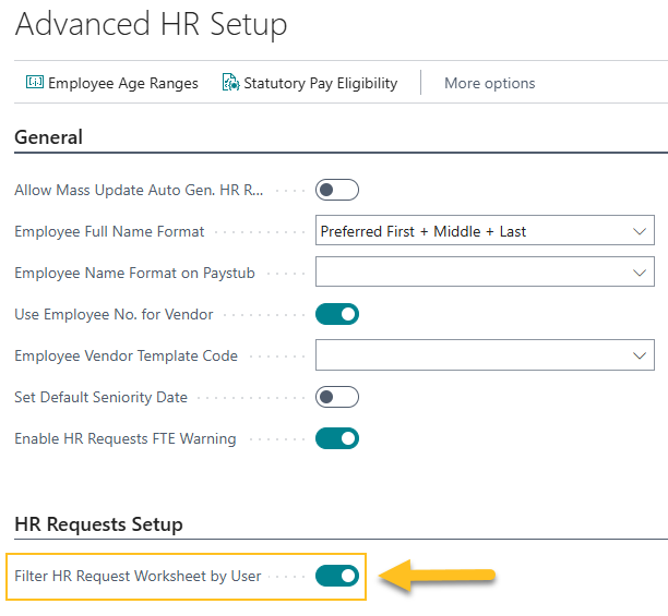 Advanced HR Setup page Filter HR Request Worksheet by User field