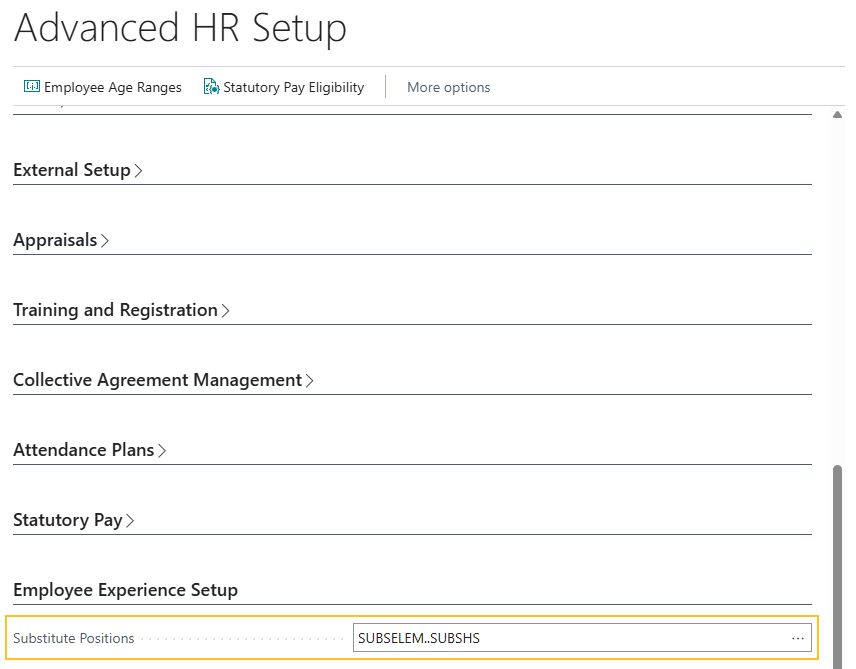 Advanced HR Setup page Substitute Positions field