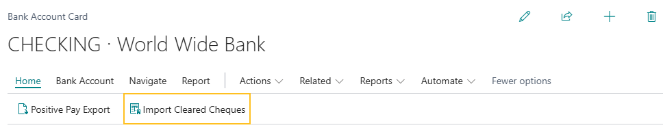 Bank Account Card page Import Cleared Cheques action